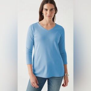 J. Jill Pima 3/4 Sleeve V-Neck Top Blue Size Small Petite